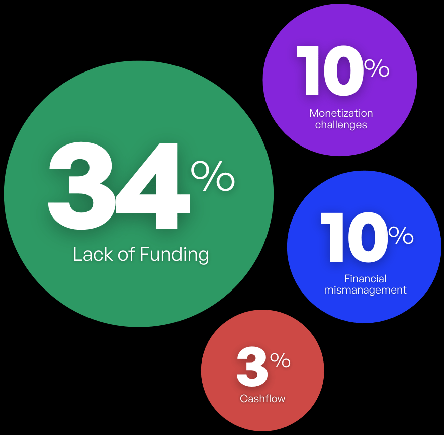 Financial challenges showing 34% lack of funding, 10% monetization issues, 10% financial mismanagement and 3% cash flow problems