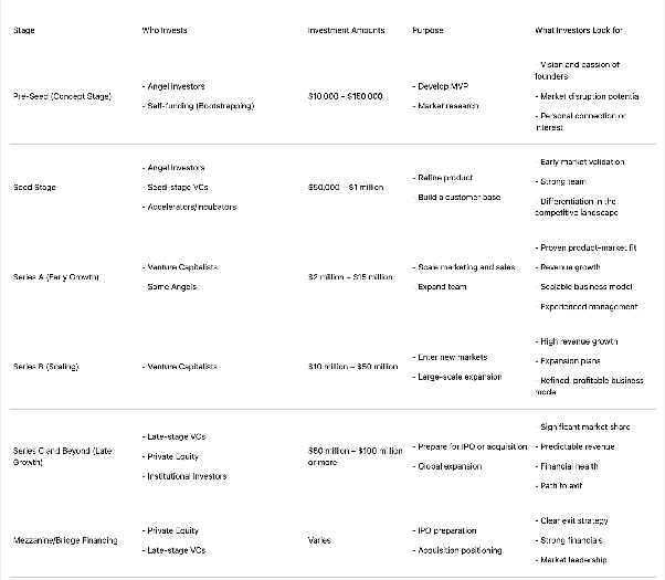 Table that summarises the investment stages of VCs and Angel investors and their key details