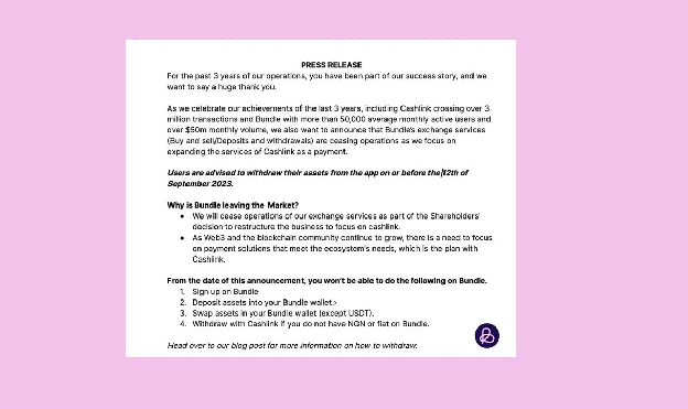 Press release of Bundle Africa shutting down