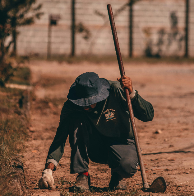 Man picking grass from dry earth. Photo by Thom Gonzalez.