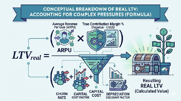 Conceptually, you can view the Real LTV conceptually as ARPU multiplied by true contribution margin, then divided by the combined pressures of churn, capital cost, and depreciation.