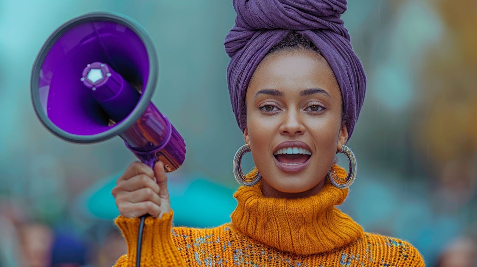 A woman with a megaphone.